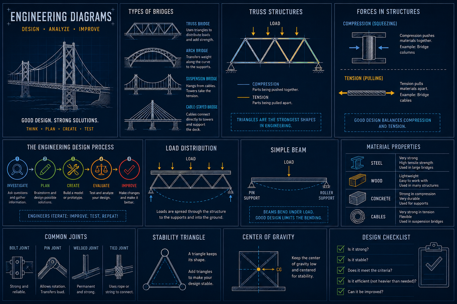 Engineering diagrams reference poster: bridge types, truss structures, forces, the design process, load distribution, material properties, joints, and a design checklist